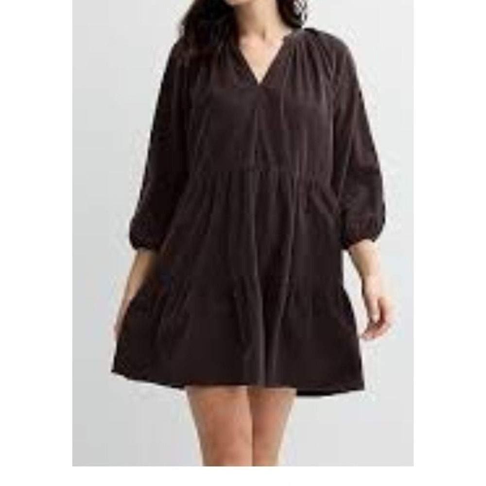 Dark Brown Tiered Smock Dress Cotton Blend Long Sleeve Cottagecore Peasant Boho